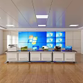 Modern Monitoring Room Interior Featuring Multiple Blue Monitor Screens And Control Desks