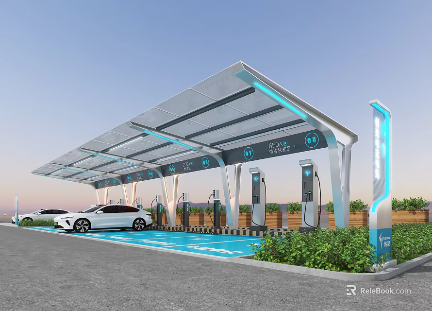 Commercial EV Charging Station with Canopy Multiple Charging Piles White Car and Green Plants 3d model 