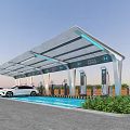 Commercial EV Charging Station with Canopy Multiple Charging Piles White Car and Green Plants