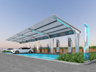 Commercial EV Charging Station with Canopy Multiple Charging Piles White Car and Green Plants 3d model