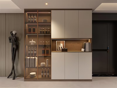 Elegant Modern Wine Cabinet With Glass Doors Wooden Shelves Wine Bottles And Glasses 3d model