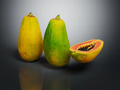 Fresh Ripe Papaya Fruit With Whole Yellow Green And Halved Red Flesh Black Seeds 3d model