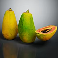 Fresh Ripe Papaya Fruit With Whole Yellow Green And Halved Red Flesh Black Seeds