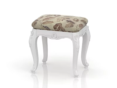 Elegant Classical White Stool with Intricate Carved Legs and Leaf Pattern Upholstered Cushion 3d model