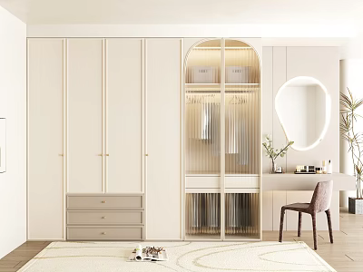 Modern Light Toned Wardrobe With Glass Panel Doors Drawers And Hanging Space 3d model