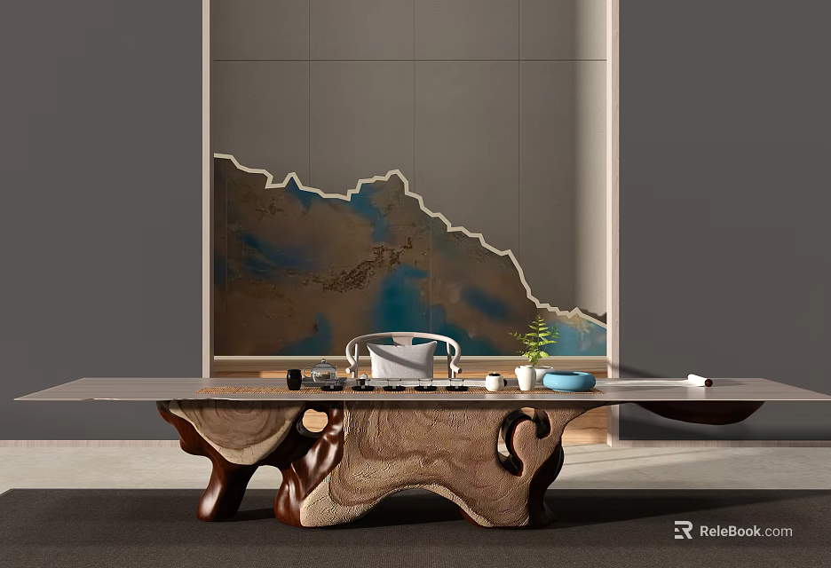 Tea Table and Chairs with Rustic Wooden Design and Tea Accessories 3d model