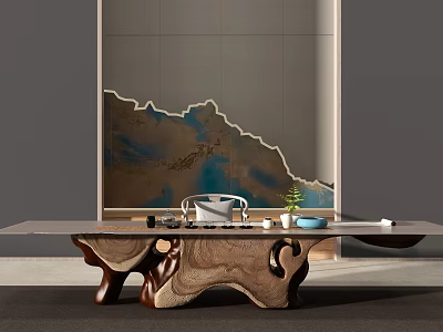 Tea Table and Chairs with Rustic Wooden Design and Tea Accessories 3d model