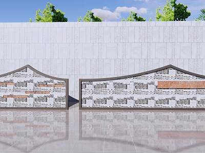 Outdoor Feature Wall With Gray And Brown Stone Patterned Design Reflective Floor Trees Blue Sky 3d model