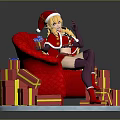 Anime Character in Santa Costume on Red Quilted Sofa With Blonde Hair And Gift Boxes