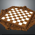 Decorative Wooden Checkerboard With Intricate Carved Border And Black White Squares