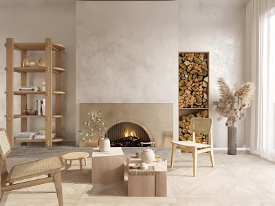 Cozy Living Area Featuring Lit Fireplace And Wooden Accents 3d model