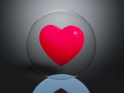 Transparent Glass Sphere With Red Heart Inside Against Dark Background And Reflection 3d model