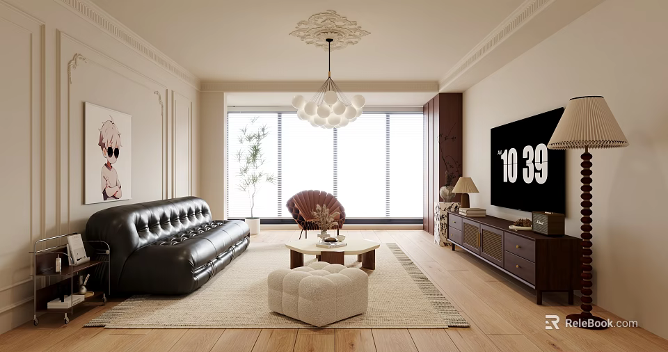 Modern Living Room Sofa And Coffee Table Set With Black Leather Beige Ottoman Large Windows 3d model 