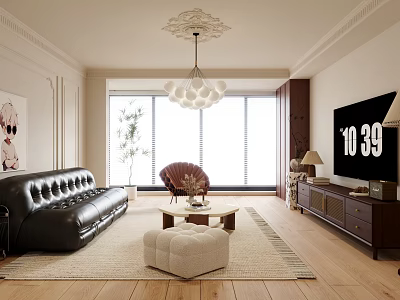 Modern Living Room Sofa And Coffee Table Set With Black Leather Beige Ottoman Large Windows 3d model