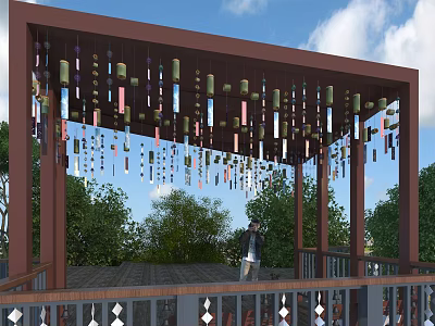Garden Landscape Pergola Featuring Colorful Hanging Strips on Wooden Platform Surrounded by Green Trees 3d model