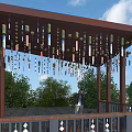 Garden Landscape Pergola Featuring Colorful Hanging Strips on Wooden Platform Surrounded by Green Trees