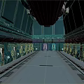 Cartoon Style Sci-Fi Corridor With Blue Toned Walls Mechanical Pipes And Metal Floor