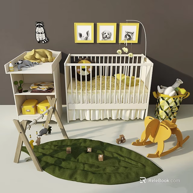 Warm Baby Nursery With White Crib Green Rug Yellow Framed Wall Art And Rocking Horse 3d model 