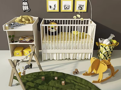 Warm Baby Nursery With White Crib Green Rug Yellow Framed Wall Art And Rocking Horse 3d model