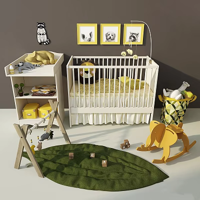 Warm Baby Nursery With White Crib Green Rug Yellow Framed Wall Art And Rocking Horse 3d model