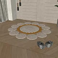 Modern White Lattice Screen with Circular Mats Striped Slippers and Plant on Wooden Floor