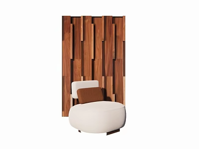 Stylish White Single Sofa With Brown Cushion Against Wooden Vertical Slat Wall 3d model