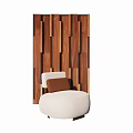 Stylish White Single Sofa With Brown Cushion Against Wooden Vertical Slat Wall