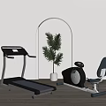 Home Gym Sports Equipment Treadmill Exercise Bike With Green Plant Wooden Floor Arched Doorway