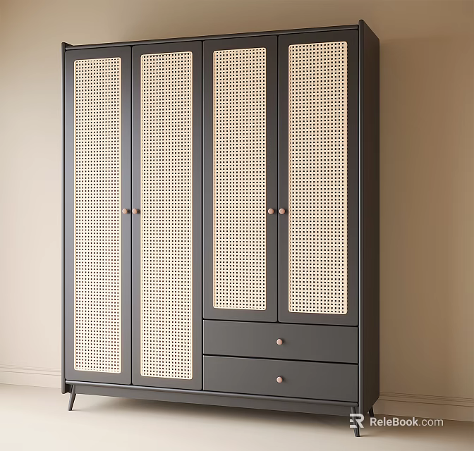 Dark Modern Wardrobe With Rattan Panel Doors And Bottom Storage Drawers 3d model 