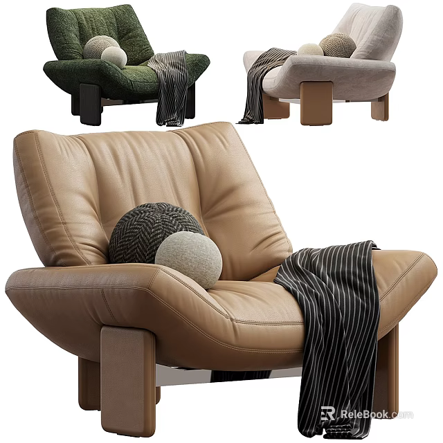 Cozy Tan Leather Single Sofa With Textured Pillows And Striped Blanket 3d model 