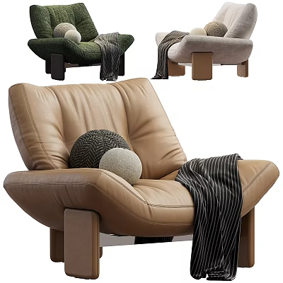 Cozy Tan Leather Single Sofa With Textured Pillows And Striped Blanket 3d model