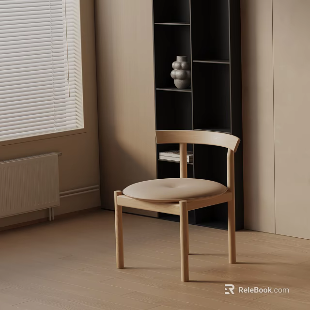 Modern Wooden Dining Chair With Beige Cushion In Minimalist Interior Near Window 3d model 