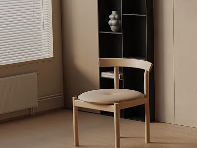 Modern Wooden Dining Chair With Beige Cushion In Minimalist Interior Near Window 3d model