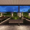 Modern Garden Landscape With Columned Structure Polished Stone Floor Trimmed Shrubs And Evening Lighting