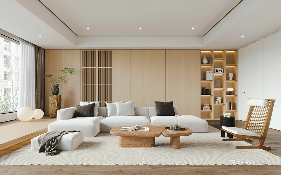 Modern Minimalist Living Room Interior With White Sofa Wooden Coffee Tables And Bookshelves 3d model 