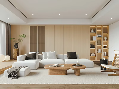 Modern Minimalist Living Room Interior With White Sofa Wooden Coffee Tables And Bookshelves 3d model