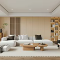 Modern Minimalist Living Room Interior With White Sofa Wooden Coffee Tables And Bookshelves