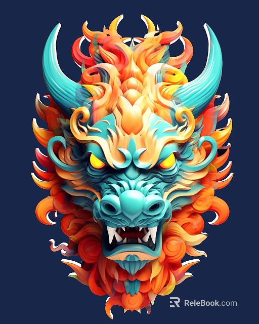 Artistic Dragon Head Sculpture Carving with Vibrant Colors Intricate Horns and Flame Details 3d model 