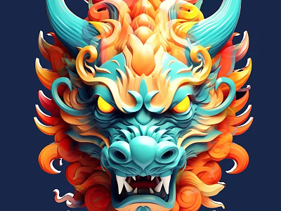 Artistic Dragon Head Sculpture Carving with Vibrant Colors Intricate Horns and Flame Details 3d model