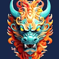 Artistic Dragon Head Sculpture Carving with Vibrant Colors Intricate Horns and Flame Details