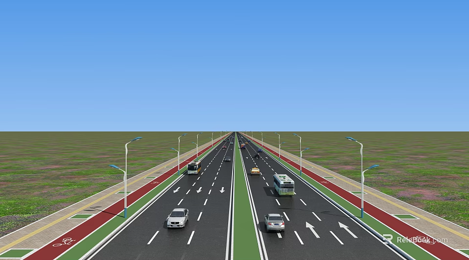 Wide Road Infrastructure With Two Way Lanes Street Lights Green Median Strips And Vehicles 3d model 