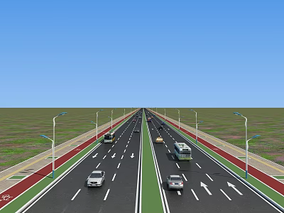 Wide Road Infrastructure With Two Way Lanes Street Lights Green Median Strips And Vehicles 3d model