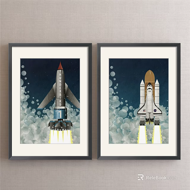 Framed Landscape Art Featuring Rocket And Space Shuttle Launching Through Clouds 3d model