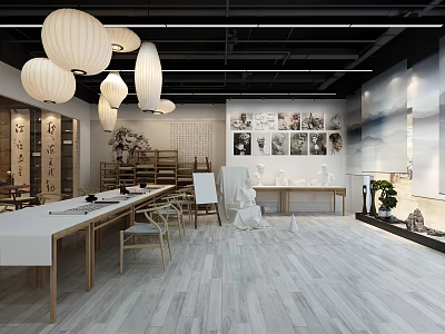 Spacious Modern Public Workspace With Hanging Lanterns Artworks Calligraphy Sculptures And Green Plants 3d model