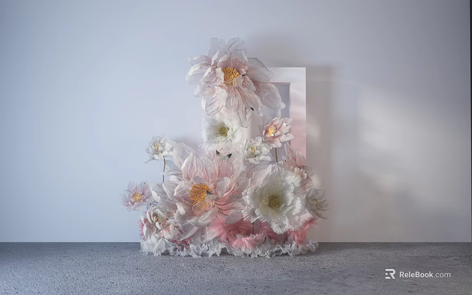 Elegant Three Dimensional Floral Art Installation With White Pink Large Blooms And Transparent Frame 3d model 