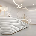 Curved Modern Reception Desk With White Beige Circular Logo And Decorative Lighting In Chill Studio
