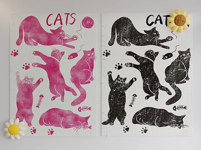 Pink And Black Cat Patterns With Decorative Flowers And Paw Prints 3d model
