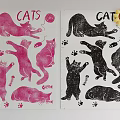 Pink And Black Cat Patterns With Decorative Flowers And Paw Prints