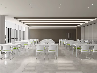 Spacious Modern Interior Featuring Neatly Arranged White Tables Chairs Large Windows And Ceiling Design 3d model