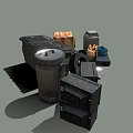 Assorted Discarded Junk Items Featuring Trash Cans Cardboard Boxes Tire and Pallet Debris